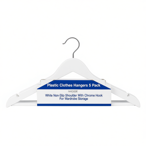Plastic Clothes Hangers 5 Pack White Non Slip Shoulder With <b>Chrome</b> <b>Hook</b> For Wardrobe Storage - Product Image 2