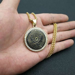 yunnique <b>Titanium</b> Steel Freemasonry Pendant Necklace Round Geometric Pyramid Design Pave Setting Unisex Gift Jewelry - Product Image 4
