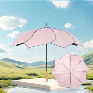ร่มกันแดดกันฝนทรงกลีบดอกไม้ ด้ามไม้ตรง 8 ซี่โครง เคลือบสีดำ UPF50 รับผลิตตามแบบ OEM พร้อมสกรีนโลโก้ สำหรับเป็นของขวัญงานแต่งงานสำหรับผู้หญิง - Product Image 1