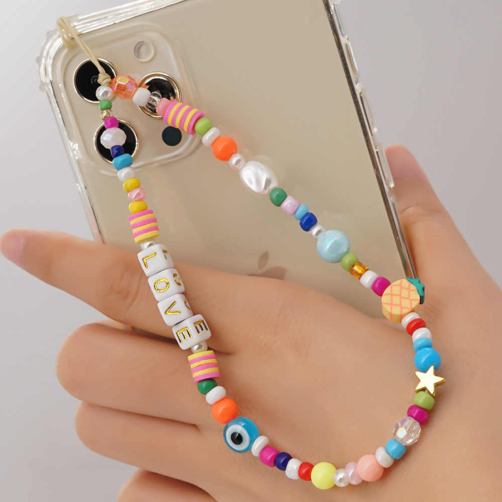 Dvacaman Luxury Fashion Mobile Chain Pearl Multicolored Beaded Phone Strap LOVE Handmade Eye Acrylic Wrist Phone Chain Holder