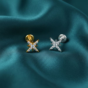 أقراط ذهبية من التيتانيوم والزركون بتصميم نجمة مع ثقب داخلي للأذن، مجوهرات للجسم بالجملة - Product Image 1