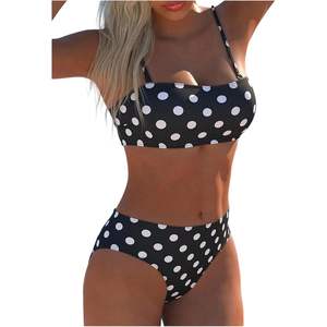 Traje de Baño de Dos Piezas Personalizado para Mujer, Bikini Bandeau de Cintura Alta con Estampado de Puntos, Traje de Baño Elástico de Spandex y Poliéster - Product Image 3