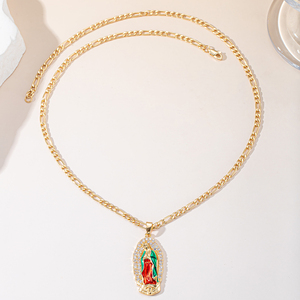 Elegante Collar <span class=keywords><strong>de</strong></span> <span class=keywords><strong>la</strong></span> <span class=keywords><strong>Virgen</strong></span> <span class=keywords><strong>de</strong></span> Guadalupe, Colgante Religioso con Cadena Figaro Esmaltada, Tono <span class=keywords><strong>Oro</strong></span>/Plata, Borde <span class=keywords><strong>de</strong></span> Circonitas, Joyería para Mujer, Regalo - Product Image 1
