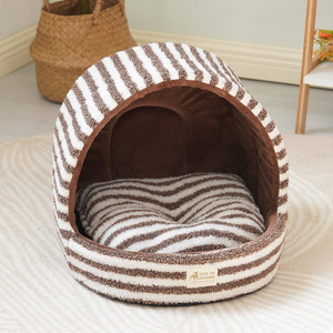Tail To Stylish Pet <b>Bed</b> Round Brown White Striped Removable Cover Cat <b>House</b> Winter Warm - Product Image 1