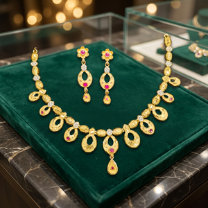 Ensemble de bijoux pour femmes plaqué or, design floral classique, collier, boucles d'oreilles, bague, style mariage - Product Image 2