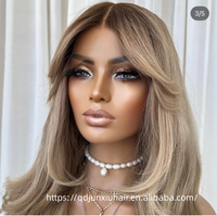 Peluca de Cabello Humano con Corte Mariposa y Flequillo, Rubio Ceniza con Reflejos Ombré, Ondulada, Sin Pegamento, con Encaje Frontal, Pre-Desplumada, Línea de Cabello Natural