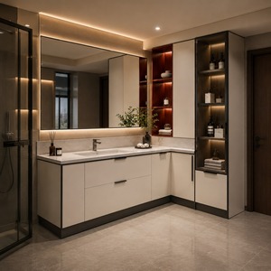 <span class=keywords><strong>Mobile</strong></span> Bagno Angolare a L Moderno e Personalizzabile <span class=keywords><strong>con</strong></span> Specchio, Ampio Spazio di Archiviazione e Armadietto Alto Integrato - Product Image 6