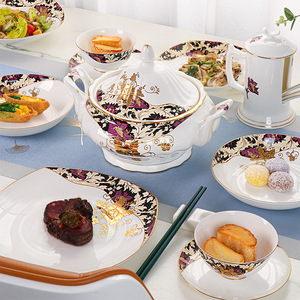 <span class=keywords><strong>Set</strong></span> di Piatti in Ceramica di Lusso Stile Europeo con Bordo Placcato Oro, Servizio da Tavola per Uso Domestico, Adatto a Microonde e Lavastoviglie, per 12+ Persone - Product Image 6