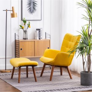 DB Leiria Contemporary Silky Velvet Tufted <b>Accent</b> <b>Chair</b> with Genuine Leather Ottoman <b>Yellow</b> for Home Office - Product Image 1