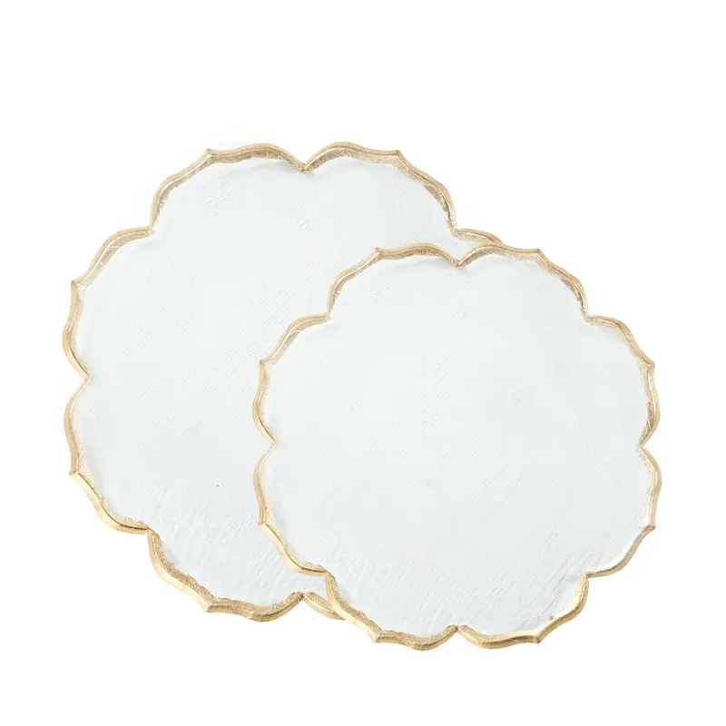 China Factory Wholesale High Quality Gold Rim Flower Shape Irregular Glass Charger Plate For Wedding Party Decoration