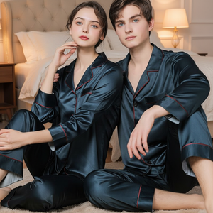 Pijamas <span class=keywords><strong>de</strong></span> Seda Satinada Personalizadas, Pijamas <span class=keywords><strong>de</strong></span> Lujo <span class=keywords><strong>de</strong></span> Manga Larga para Parejas - Product Image 4