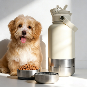 Botella 3 en 1 de acero inoxidable para uso en exteriores con logotipo personalizado, botella de agua portátil para perros y mascotas con cuenco - Product Image 1