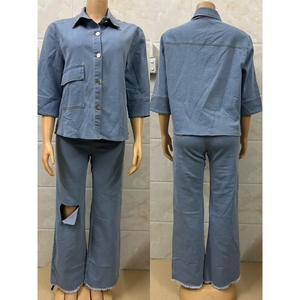 新款翻领衬衫上衣撕裂裤女式休闲牛仔2件套Sehe时尚 - Product Image 4