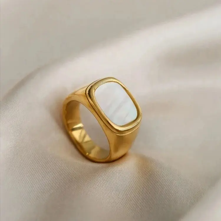 Rechteckiger weißer Muschel ring 18 Karat Gold Vakuum beschichtung Edelstahl Ehering Paar Ringe