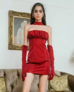 Halter Neck Velvet Strapless Dress With Mitten Red Christmas New Year Dress For Ladies