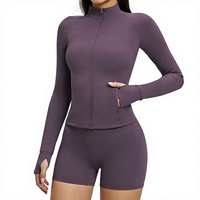 Veste de yoga transfrontalière en Spandex/Nylon brossé, anti-transpiration, à manches longues, avec poche zippée, coupe ajustée, pour sports de plein air, course à pied et fitness