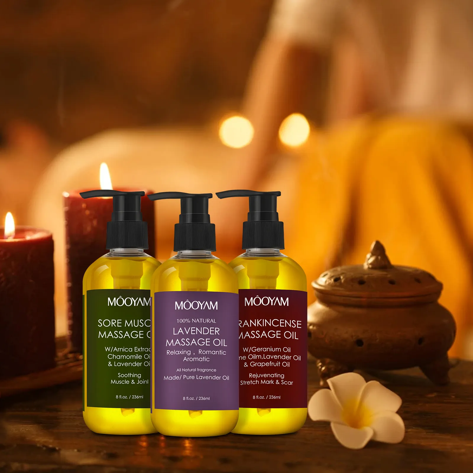 OEM Private Label MOOYAM Körper massage Feuchtigkeit spendende SPA Relax Muskeln Entspannende romantische aromatische 236ml Muskelkater Massage öl