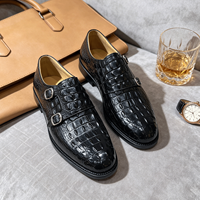Chaussures Richelieu de luxe pour homme en cuir patiné bleu marine, motif croco, à double boucle, élégantes et confortables pour le bureau