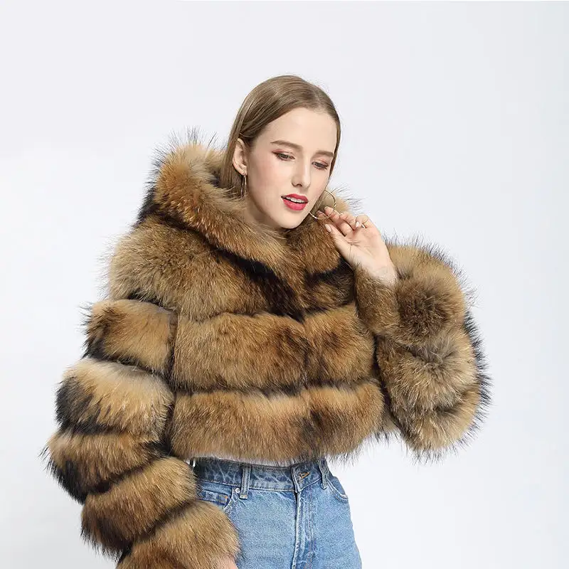 Fashion raccoon hair splicing hooded women's turkey faux fur coat