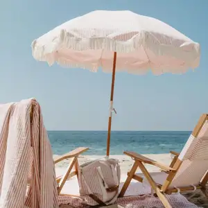 2024 Custom Outdoor Premium Essentials Vintage Fringed Wooden Beach Umbrella Parasols with Chairs  Canvas Terry Bags  Coolers