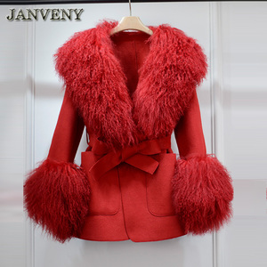 JANVENY Cappotto Ampio Invernale da <span class=keywords><strong>Donna</strong></span> 2024 in Cachemire con Collo e Polsini in Vera Pelliccia di Pecora Mongola e Allacciatura - Product Image 6