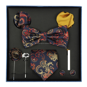 Hi-Tie Men's Silk Tie Set – Includes Matching Pocket Square, Cufflinks & Lapel Pin (Navy Gold White Stripe, 59" Length)