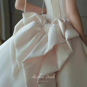 Aishin Bride Satin Ball Gown Wedding Dress Natural Waist Strapless Long Train Queen Style - Product Image 4