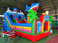 Toboggan Gonflable Commercial Requin avec Structure Rebondissante, Château Gonflable Humide/Sec avec Palmier pour Location d'Événements en Jardin