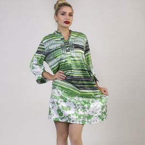 Vestido Camisero Drapeado para Mujer, Verde Floral, de Chifón Ecológico y Lavable - Product Image 2