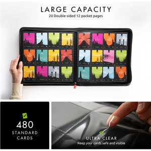Reliure à fermeture éclair pour <span class=keywords><strong>cartes</strong></span> à collectionner de qualité supérieure, 12 pochettes, 480 <span class=keywords><strong>cartes</strong></span>, 20 pages à chargement latéral, dossier pour jeux de <span class=keywords><strong>cartes</strong></span> à collectionner, sports, TCG - Product Image 3