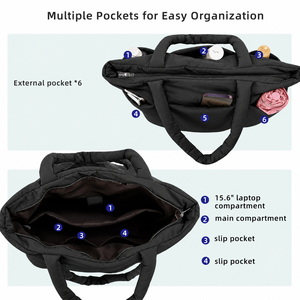 Multi-Pocket Waterproof Nylon Zipper Closure Tote <b>Bag</b> <b>Women</b> Large Puffy Shoulder Purse Handbag <b>Laptop</b> Compartments Quilted - Product Image 2