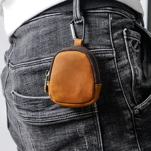 Genuine Leather Coin Bag Cowhide Waist Keychain Bag Wallet Portable Coin Purse With Zipper Shell Earphone Bag