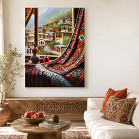 Peinture à l'huile sur toile, peinte à la main, technique impasto, motif village en pente, avec vue sur la grenade, tapis rouge, vase et bouquet de fleurs