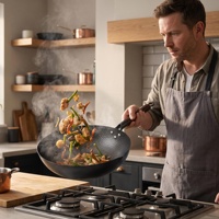 Wok en fer noir de 32 cm à fond rond, ustensile de cuisson profond avec longue poignée en bois et couvercle en bois pour la cuisine