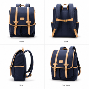 Classic Navy Canvas Laptop <b>Backpack</b> with Leather <b>Straps</b> Zipper Closure Unisex Softback 20-39L Waterproof USB Port Durable Design - Product Image 2
