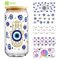 Stiker Transfer Tumbler Goode Tahan Air Ramah Lingkungan Kartun Hewan Peliharaan Hamsa Tangan Penjaga Mata Jahat Dekorasi Religius 16oz UV DTF