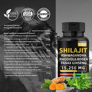 Cápsulas de Shilajit Puro del Himalaya OEM <span class=keywords><strong>con</strong></span> Ashwagandha, <span class=keywords><strong>Ginseng</strong></span>, <span class=keywords><strong>Vitaminas</strong></span> para el Cuidado de la Salud, Suplemento Energético 8 en 1, 60 Cápsulas - Product Image 3