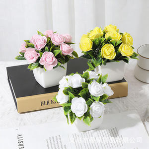 Rosas Artificiales al por Mayor en Maceta Blanca, Mini Bonsái para Decoración <span class=keywords><strong>de</strong></span> Hogar, Oficina, Dormitorio y Escritorio - Product Image 1