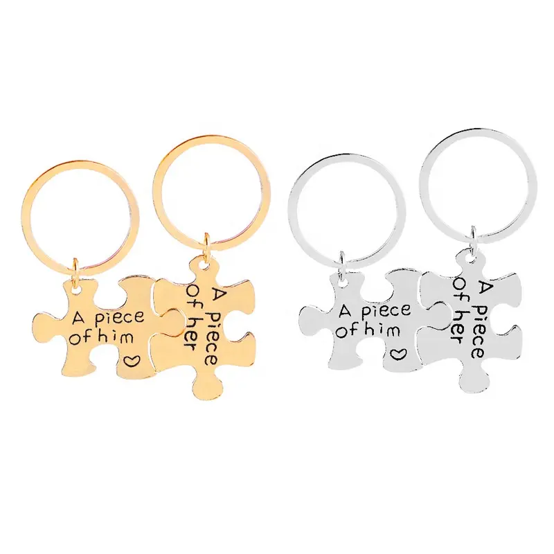 Romantic Couple New Style Jigsaw Puzzle Metal Letter Keychain Two Pieces Couple Keychain GIft Metal Keyrings For Boyfriend