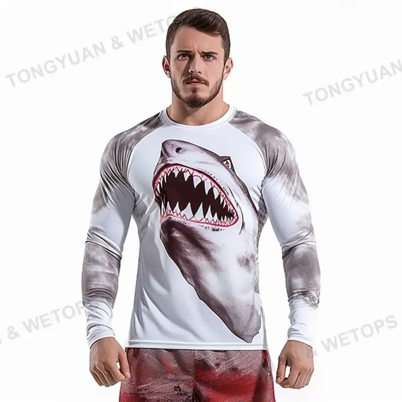Kaus pria ukuran Plus Upf, cepat kering Upf Shark Jaw Plus pakaian lengan panjang lari kaus putih