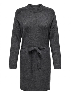 Gray Solid Casual High Neck Knit Sweater Cardigan <b>Dress</b> with Long Sleeves Belt Knee-Length for Autumn - Product Image 3
