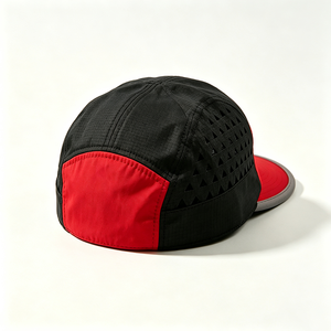 5 Panel Camp Cap Custom Woven Patch Logo Black Red Laser Cut Canvas Outdoor Sport Travel Adults Unisex Lightweight Quick Dry - Product Image 2