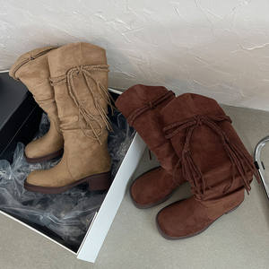 Vintage femmes bottes longues 2025 automne hiver chaussures Design de mode <span class=keywords><strong>frange</strong></span> 5cm mi talons dames genou bottes hautes pour dame tailles 40 - Product Image 4