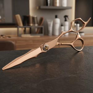 Ciseaux de coiffure professionnels en or rose de qualité supérieure, en acier japonais VG10 Cobalt, pour barbier droitier, à pointe arrondie, avec manche en acier. - Product Image 4