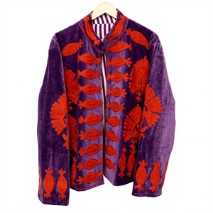 Veste pour femme en velours noir tissé en coton, broderie bleue, col mandarin, manches longues, automne, élégante, écologique, respirante - Product Image 1