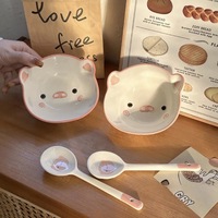 Ensemble bol et cuillère en céramique Happy Piggy Alien, vaisselle mignonne pour la maison, design esthétique de couleur sous-glaçure, pour filles