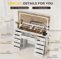 Table de toilette blanche avec 11 tiroirs, miroir LED, éclairage réglable, plateau en verre pour chambre à coucher