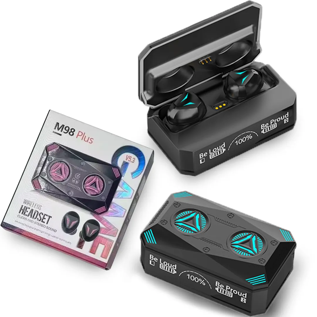 M98 earbud Gaming tanpa kabel BT5.3, headphone nirkabel kontrol sentuh IPX4 tahan air in-Ear earphone dengan kotak pengisian RGB