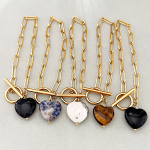 กำไลหินธรรมชาติรูปหัวใจปรับแต่งได้ สร้อยข้อมือสแตนเลสแบบโซ่คลิปหนีบกระดาษ สำหรับร้านบูติกและวันแม่ - Product Image 6