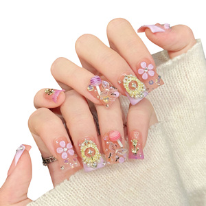 <span class=keywords><strong>Uñas</strong></span> Postizas con Diseño de Flores 3D, Estilo Dulce, Degradado <span class=keywords><strong>Rosa</strong></span> Melocotón, Decoradas con Diamantes, para un Look Femenino y Bonito - Product Image 1